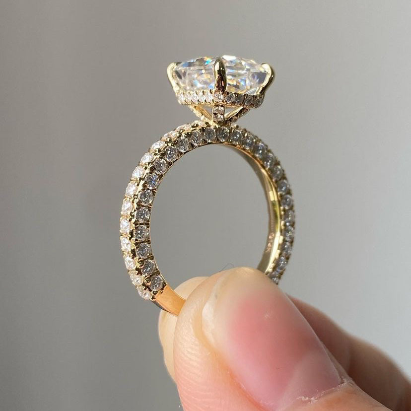 2.5 CT Radiant Cut Pave Set Cubic Zirconia Sona Simulated With Hidden Halo Set Gold Engagement Ring For Women