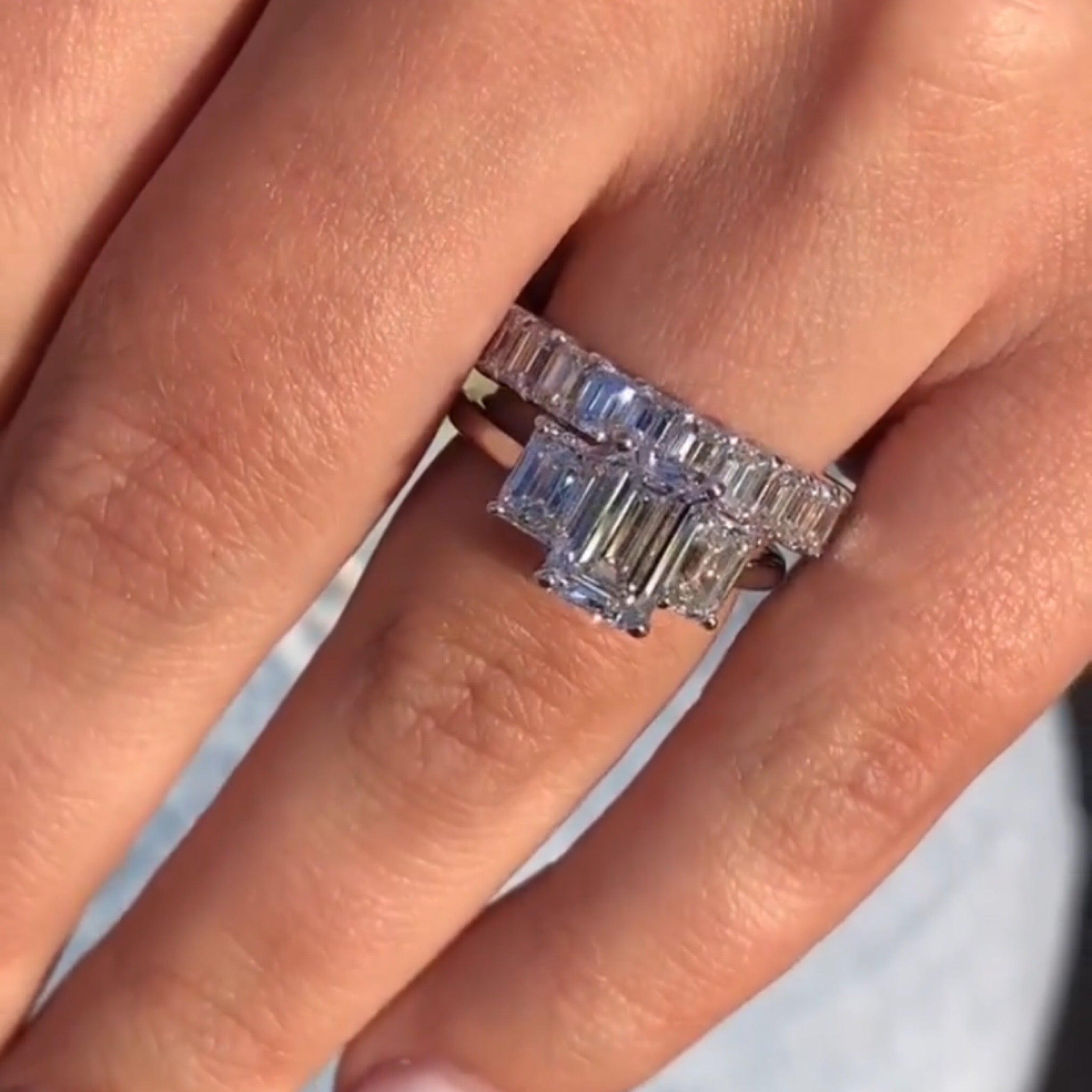 3.5 CT Emerald Cut With Emerald Cut Gold Wedding Band Cubic Zirconia Sona Simulated Three Stone Ring For Her