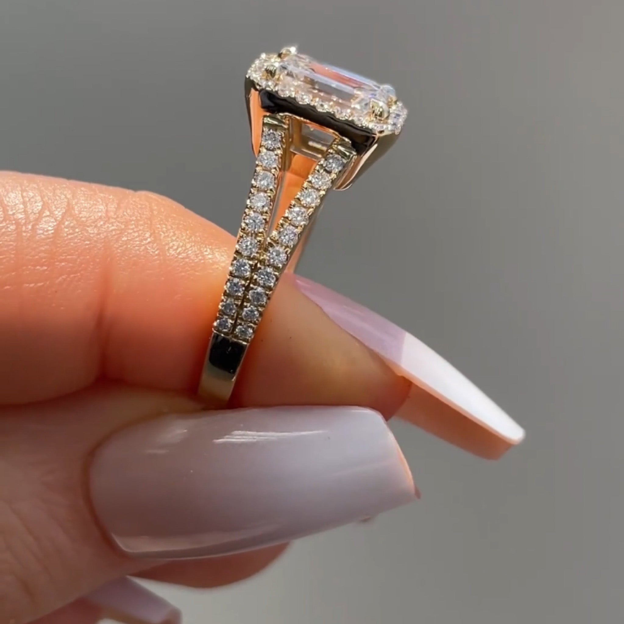 2 CT Emerald Cut Split shank Halo Unique  Cubic Zirconia Sona Simulated Anniversary Ring For Girlfriend